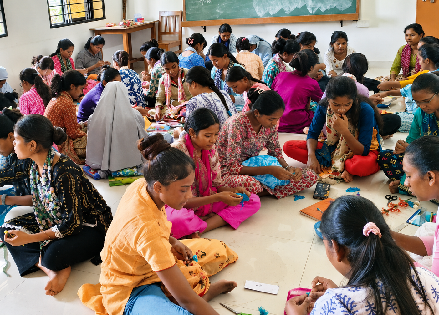 Trainees making craft materials during an art and craft workshop