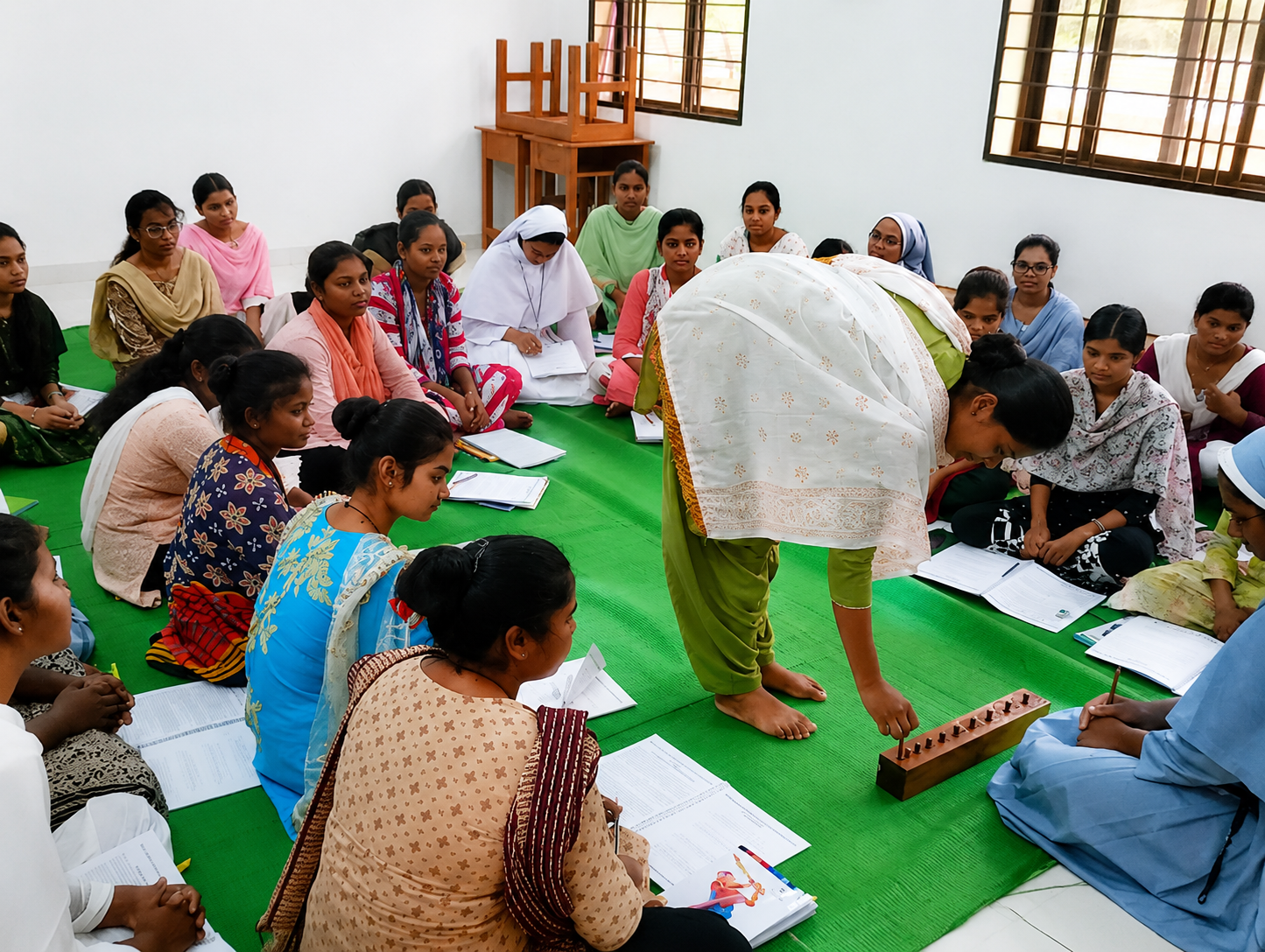 Trainees observing a demonstration with teaching aids